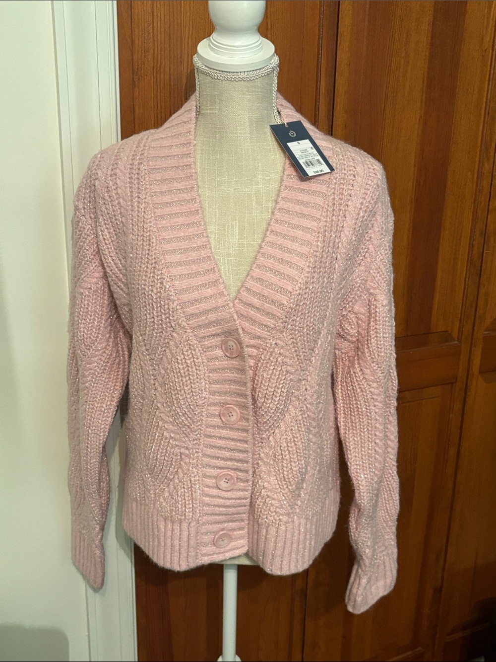 Universal Thread Blush Pink with silver thread Cable Knit Button-Front Cardigan
